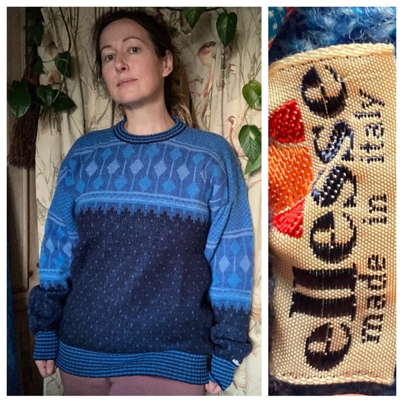 Vintage 80s Ellesse Italian Wool Knit Winter Sweater Blue Unisex sz 16